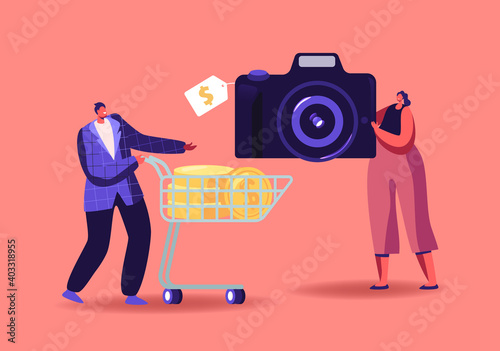 Characters in Pawn Shop. Tiny Man with Golden Coins in Shopping Trolley Buying Photo Camera in Pawnshop