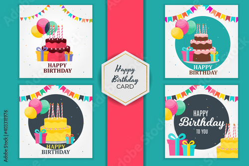 Birthday party card set invitation with cute cake. Vector Illustration EPS10