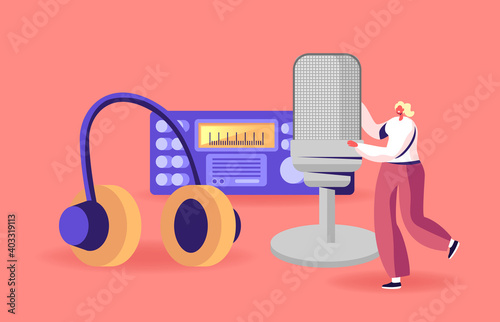 Tiny Female Character with Huge Microphone Headset near Radio Transmitter Broadcast Podcast or Audioprogram Livestream
