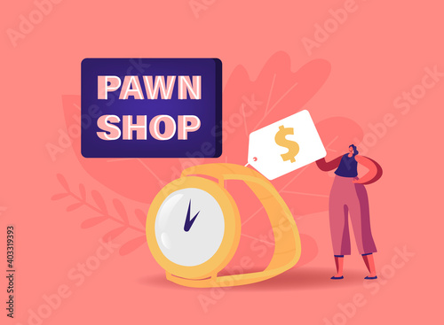 Tiny Female Character near Huge Gold Watch in Pawn Shop Concept. Customer Buy or Sell Precious Metal, Jewelry