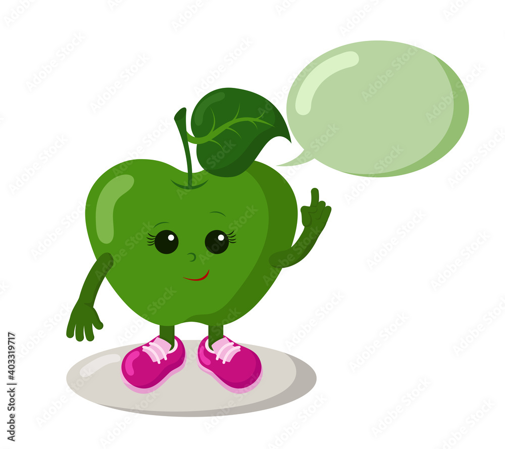 Cute smiling green apple with sneakers and speech bubble holds index finger up. Colorful kawaii fruit emoticon. Isolated vector illustration. Cute smiling green apple with sneakers and speech bubble holds index finger up. Colorful kawaii fruit emoticon. Isolated vector illustration.