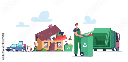 Overconsumption Concept. Family Male Female Customers Characters Loading Goods from Car to Home Full of Useless Things