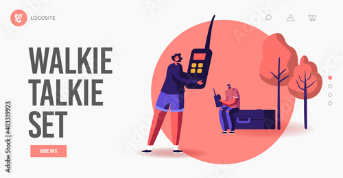 People Playing Use Radio Technologies Landing Page Template. Radio Amateurs Communicate with Portable Walkie Talkie