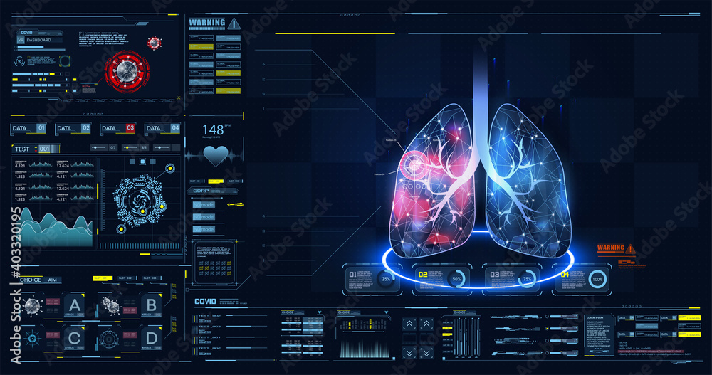 HUD, GUI, FUI dashboard element ui medical examination. Display set of virtual interface elements. Covid-19. Human lungs. Low poly wireframe and points. Diagrams, pie chart infographics. Vector - obrazy, fototapety, plakaty 