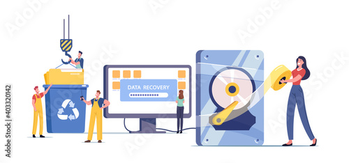 Data Recovery Service, Backup and Protection, Hardware Repair Concept. Tiny Male and Female Characters in Worker Uniform