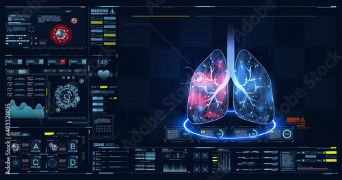 HUD, GUI, FUI dashboard element ui medical examination. Display set of virtual interface elements. Covid-19. Human lungs. Low poly wireframe and points. Diagrams, pie chart infographics. Vector