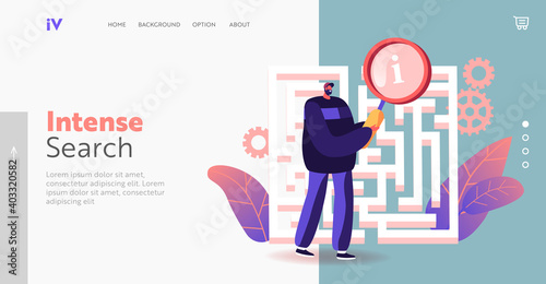 Challenge Landing Page Template. Businessman in Labyrinth or Maze with Magnifier. Character Finding Solution, Strategy
