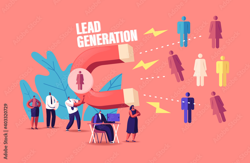 Lead Generation Concept. Tiny Businessman Character Attracting Clients with Huge Magnet Attracting New Leads Technology