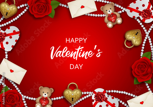 valentine's day background with red roses teddy bears gold padlocks and gift boxes