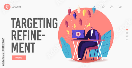Inbound Marketing, Financial Goals Achievement Landing Page Template. Businessman Character Working on Computer