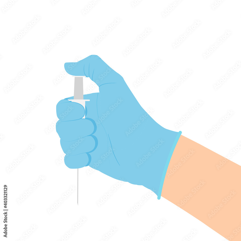 Hand in a medical glove holds a syringe with a vaccine. Vaccination Concept. Vector Illustration EPS10 Hand in a medical glove holds a syringe with a vaccine. Vaccination Concept. Vector Illustration EPS10