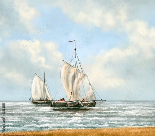 Sea paintings landscape, sailing boat in the sea. Fine art.