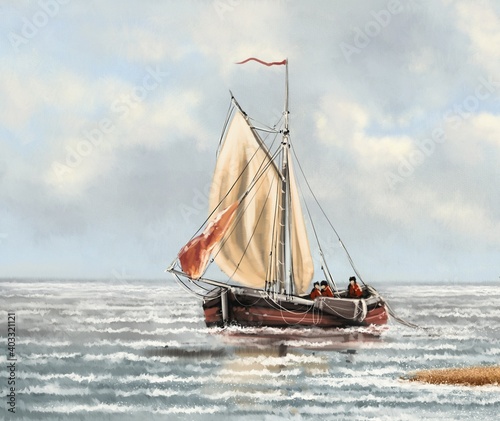Sea paintings landscape, sailing boat in the sea. Fine art.