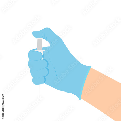 Hand in a medical glove holds a syringe with a vaccine. Vaccination Concept. Vector Illustration EPS10