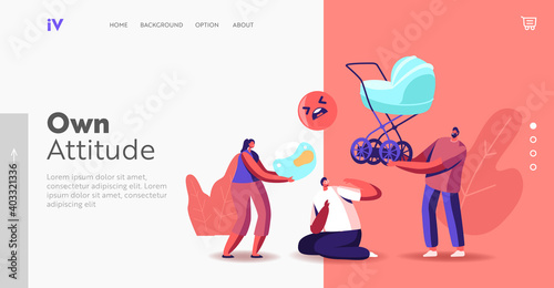 Own Attitude Landing Page Template. Society Opinion and Public Pressure. Characters Impose Life Values to Confused Man