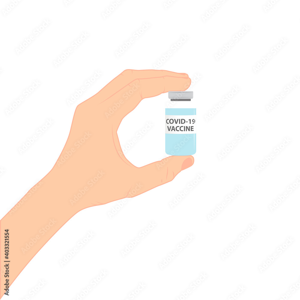 Hand holds a bottle with covid-19 vaccine. Vaccination Concept. Vector Illustration EPS10