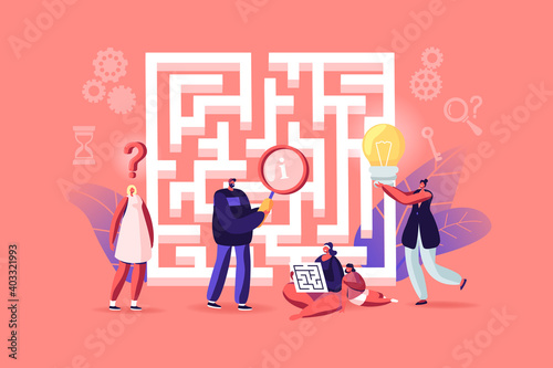 Tiny Characters Finding Idea, Solution in Labyrinth. Challenge and Problem Solving Concept. Confused People at Maze