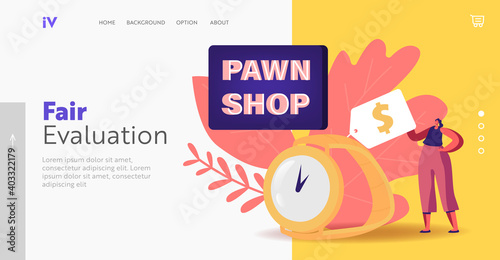 Ancient Second Hand Things Landing Page Template. Tiny Female Character near Huge Gold Watch in Pawn Shop Concept