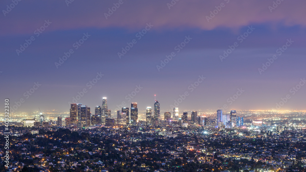 Downtown Los Angeles skyline at smoggy night
