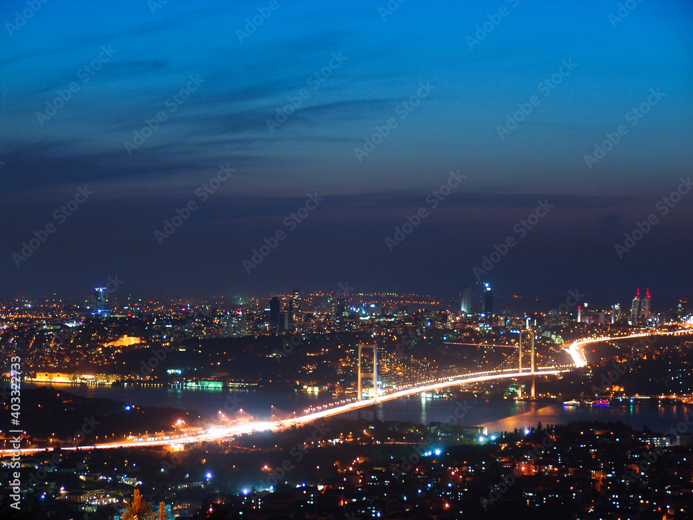 Fototapeta premium 15 July Martyrs Bridge (15 Temmuz Sehitler Koprusu) at night scene, Istanbul, Turkey. Panoramic view of Istanbul and Bosphorus bridge from Camlica Hill. 