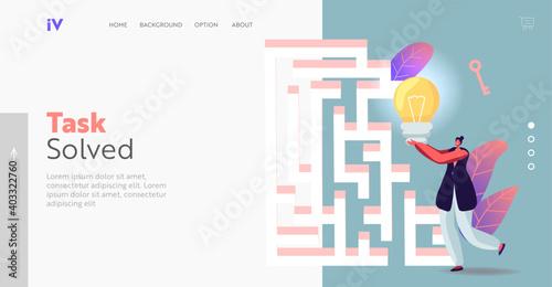 Opportunity, Insight, Challenge Landing Page Template. Business Woman with Huge Light Bulb Searching Exit in Labyrinth