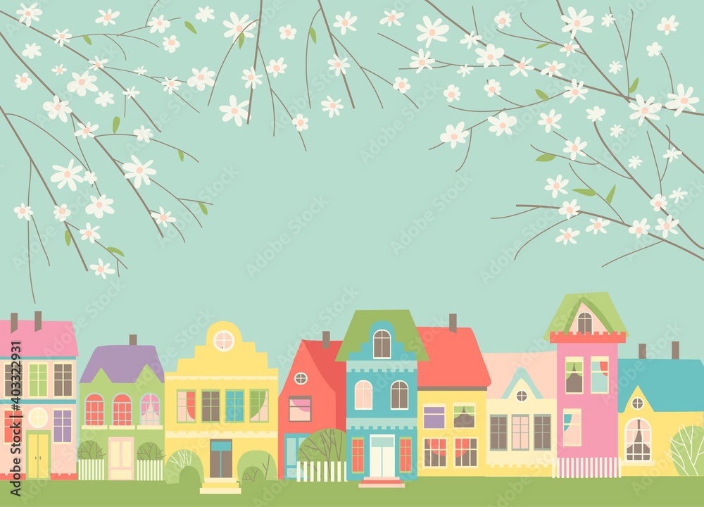 Cute cartoon little town with spring blossom branches
