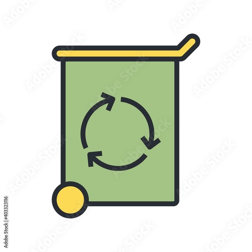 Wheelie bin icon with recycle sign. Reusable trash can, garbage bin icon.