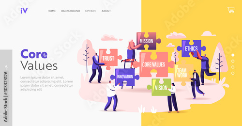 Core Values Landing Page Template. Tiny Businesspeople Characters Holding Huge Puzzle with Basic Business Principles