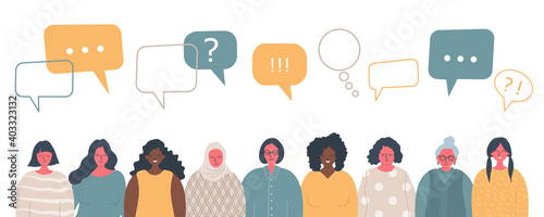 Women's community. International social concept. People icons with speech bubbles. There are women of different races, different ages in the picture. Vector