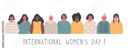 International Women's Day concept. Women's community. There are women of different races, different ages in the picture. Vector illustration