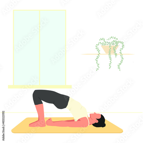 Vector illustration Woman performs Setu Bandha Sarvangasana or Bridge Pose. Girl doing yoga exercises at home
