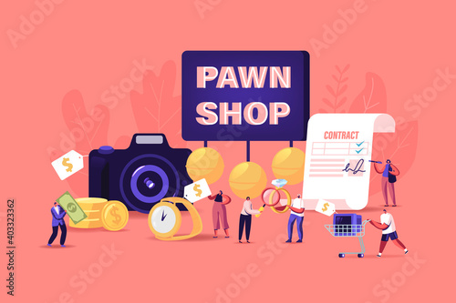 Characters Bring Jewelry and Technique Scrap to Pawn Shop Concept. Buy and Sell Precious Metals Jewels, Ancient Coins