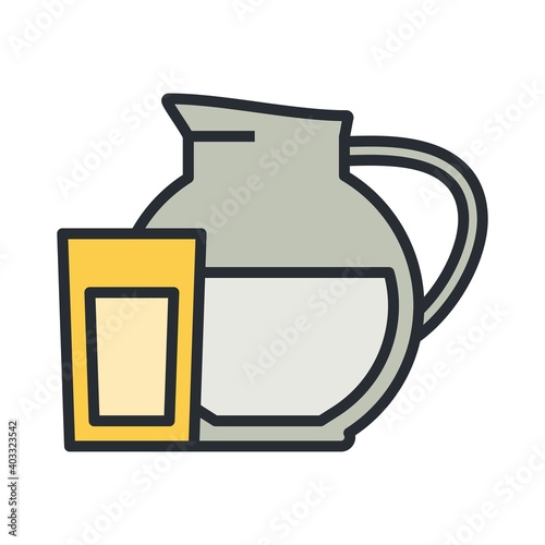 A jug of water with a glass flat icon. Carafe, water pitcher symbol.