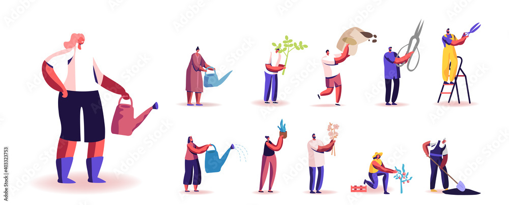 Set of People Gardening and Care of Plants Hobby. Male and Female Characters Planting, Cut, Fertilize, Watering Sprouts Set of People Gardening and Care of Plants Hobby. Male and Female Characters Planting, Cut, Fertilize, Watering Sprouts