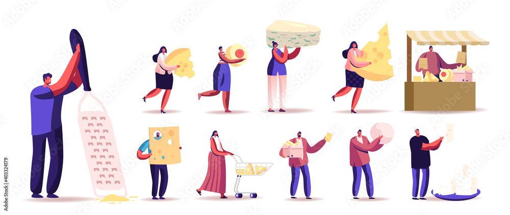 Set of People with Different Cheese Types. Tiny Male and Female Characters Holding Huge Pieces of Dairy Products, Sell