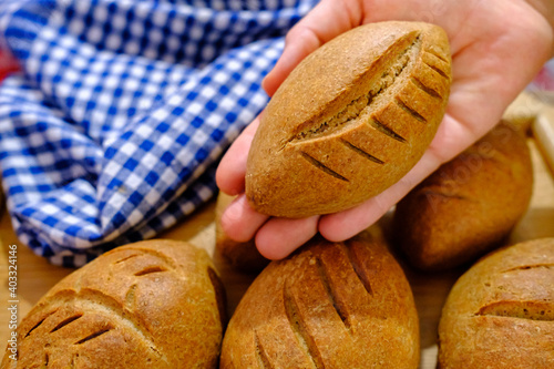 Close-up of homemade Brazilian french crusty bread mini fresh baguette on woman hand, Mexican Bolillo Rolls, selective focus