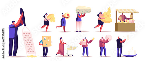 Set of People with Different Cheese Types. Tiny Male and Female Characters Holding Huge Pieces of Dairy Products, Sell