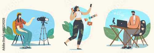 Bloggers Profession, Vlogging in Social Media Concept. Vloggers Male Female Characters Recording Video for t Live Stream