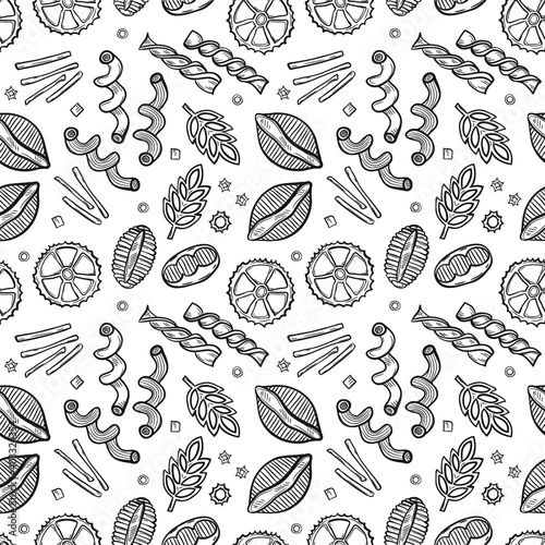 Seamless pattern with different types of pasta. Vector food illustration. May use as a coloring page