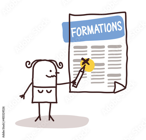 Annonces de Formations - Personnage Féminin dessiné à la main, avec Couleurs sur fond Blanc