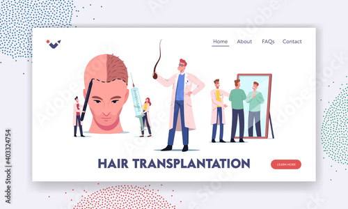 Plastic Surgery, Hair Loss Problem Landing Page Template. Tiny Doctor around Huge Male Head Making Hair Transplantation