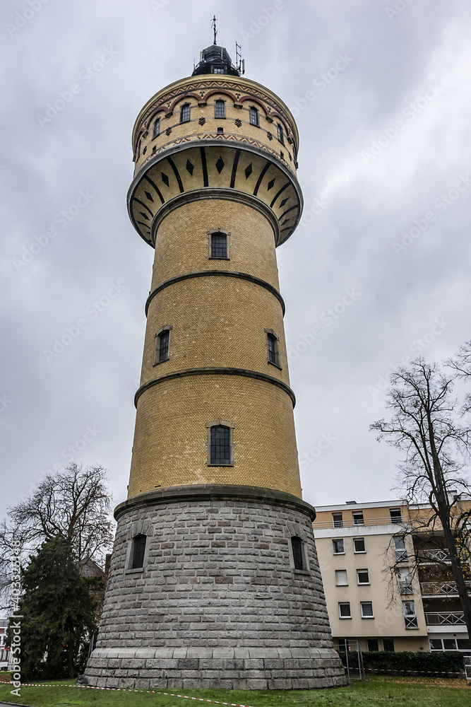Wilhelminian water tower in Selestat. In 1887 genesis of Selestat drinking water network. Water tower is still in operation today. Place du General de Gaulle, Selestat, Alsace, France, Europe.