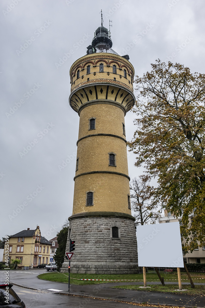 Wilhelminian water tower in Selestat. In 1887 genesis of Selestat drinking water network. Water tower is still in operation today. Place du General de Gaulle, Selestat, Alsace, France, Europe.
