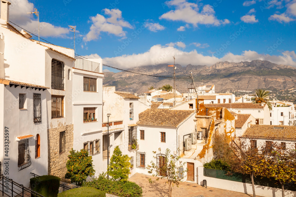 Sea view from the white houses with tiled roofs of the old town in Altea. Spain Sea view from the white houses with tiled roofs of the old town in Altea. Spain