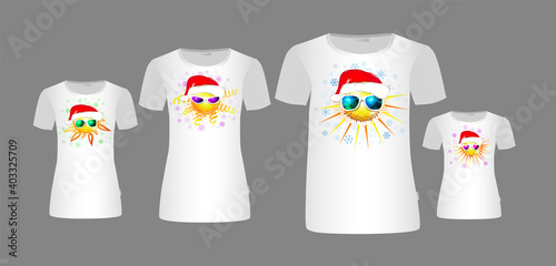 The sun in santa claus hats. Set of suns. Family look. T-shirt print. Vector illustration