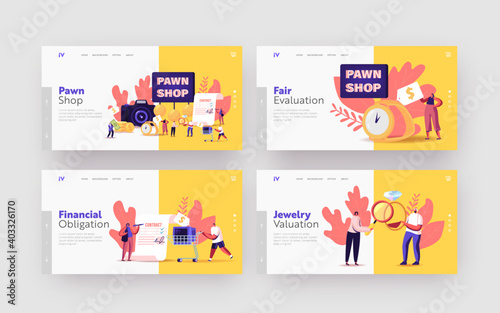 Characters Bringing Scrap to Pawn Shop Landing Page Template Set. Customers Buy and Sell Precious Metals or Jewels
