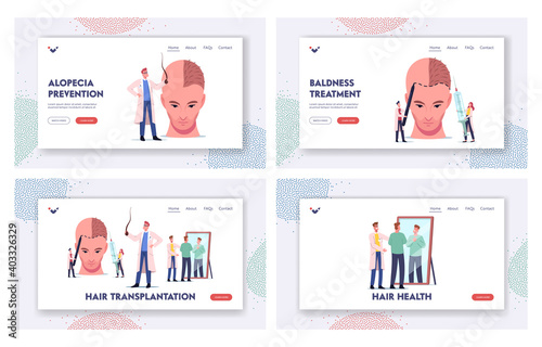 Plastic Surgery, Hair Loss Landing Page Template Set. Tiny Doctor at Huge Male Head Making Hair Transplantation