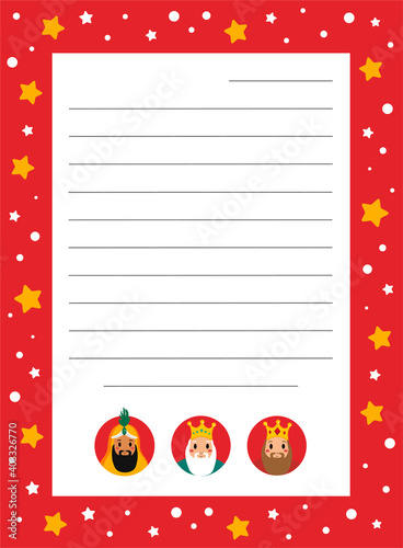 Carta para enviar el listado de regalos a los reyes magos de oriente en Navidad. Ilustración de vector.