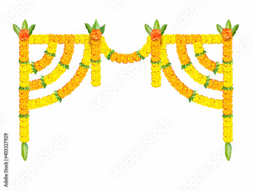 Indian traditional floral festive garland (toran) with zendu flowers (marigold) and mango leaves isolated on white. Luxurious decoration for doorway. Vector illustration.