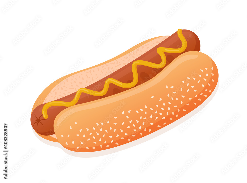 Vector flat illustration of American delicious hot dog for poster, advertisement, menu, restaurant. Hot dog with sausage, mustard and sesame seed bun. Vector flat illustration of American delicious hot dog for poster, advertisement, menu, restaurant. Hot dog with sausage, mustard and sesame seed bun.